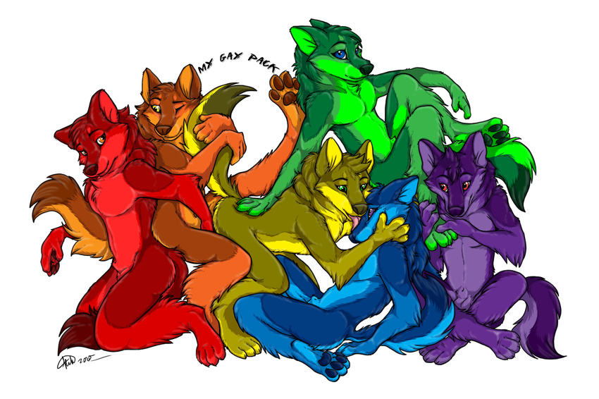 blue blue_eyes canine cuddle fruity gay green green_eyes group kwik licking love male nude orange pack purple rainbow raised_tail red red_eyes sheath super_gay tail tongue wolf yellow yellow_eyes