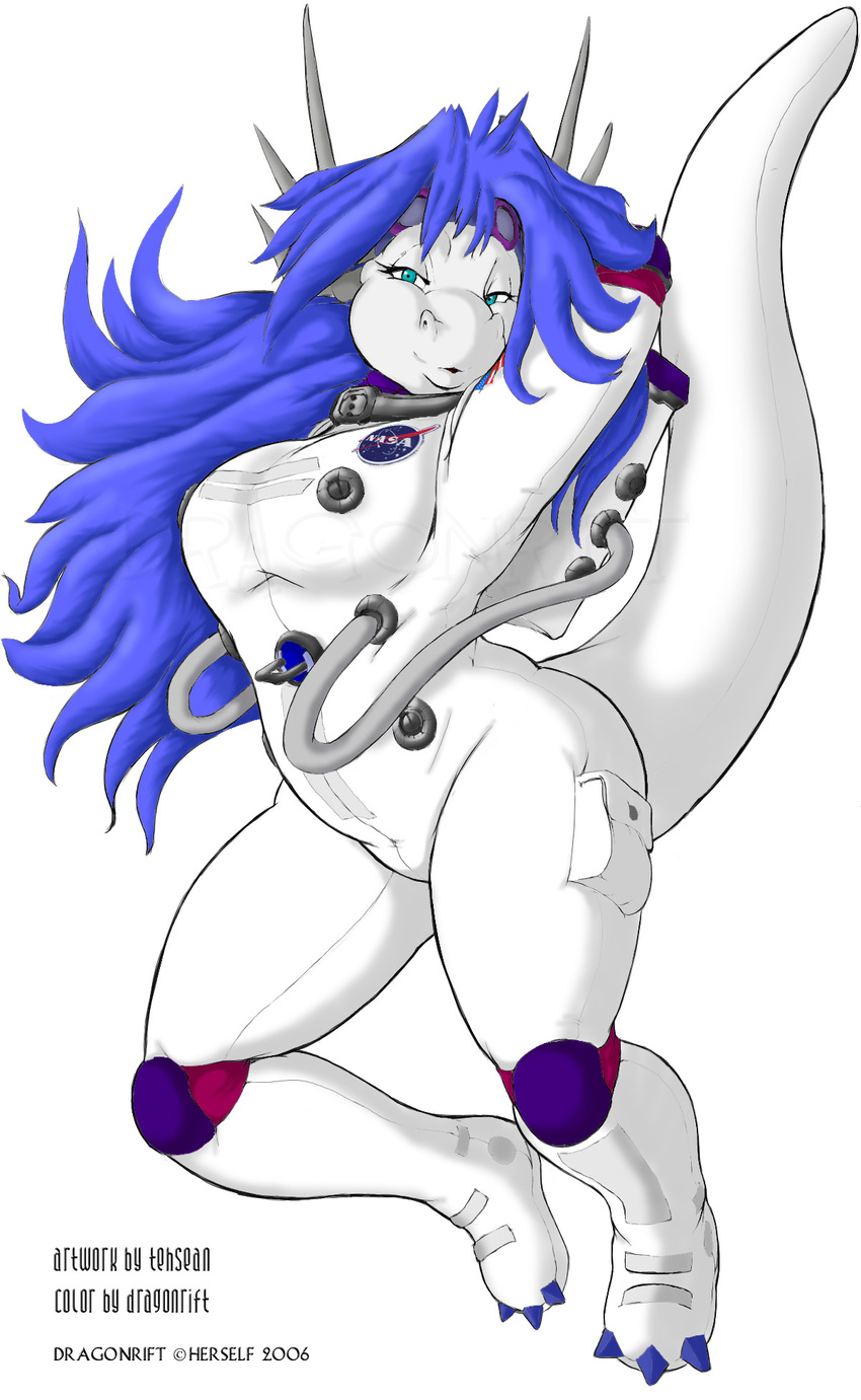 breasts chubby dragon dragonrift female hair horn nasa overweight plain_background scalie solo spacesuit tehsean white white_background white_body