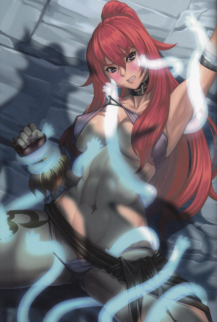 abs absurdres blush breasts choker covered_nipples eiwa gauntlets ghost highres large_breasts nail_polish panties panty_pull ponytail queen's_blade queen's_blade_rebellion red_hair risty shadow solo swamp_witch tattoo toned underwear werbellia