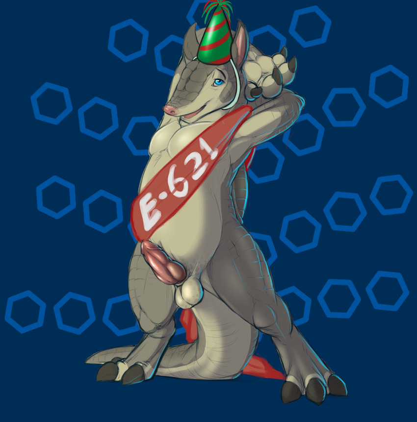 anthro armadillo balls blue_eyes claws dylan_the_armadillo e621 e621_mascot erection hat hi_res knot looking_at_viewer male mammal mascot narse nude party_hat penis pinup pose presenting smile solo teasing toe_claws