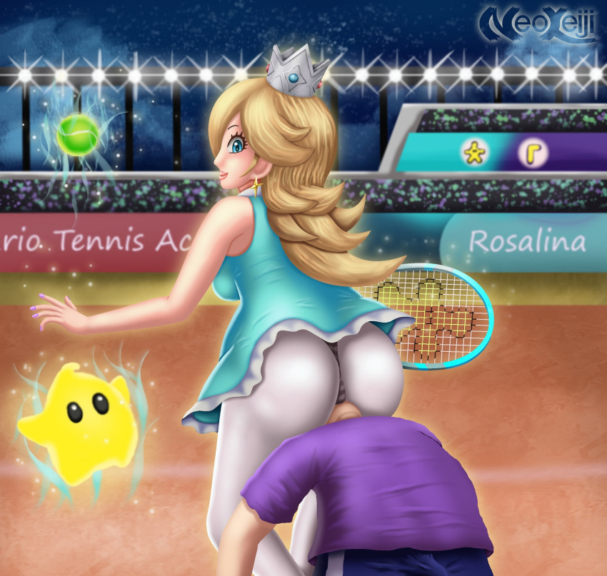 1boy 1girl ass ball bare_shoulders blonde_hair blue_eyes breasts crown dress earrings erection femdom hair_over_one_eye highres jewelry long_hair looking_back looking_down luma mario_tennis mario_tennis_aces naughty_face neokeiji nintendo panties panties_under_pantyhose pantyhose racket rosetta_(mario) short_dress sideboob sitting sitting_on_face sitting_on_person smile striped striped_panties tennis_ball tennis_outfit tennis_racket thong underwear waluigi white_legwear