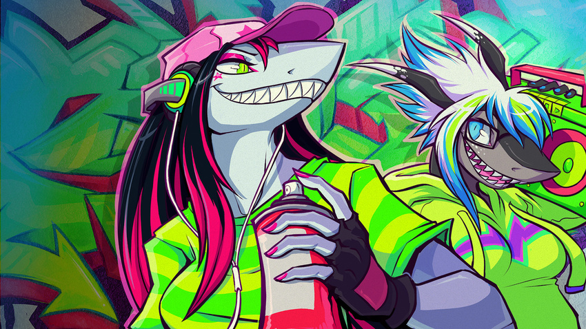 female graffiti grin hat hi_res marine mayhem mischief_(character) shark smile spray_paint squeedgemonster teeth wallpaper widescreen