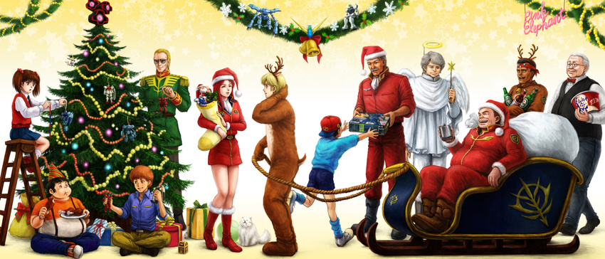 6+boys alcohol alfred_izuruha andy_strauss angel_wings animal_costume antlers backwards_hat ball_(gundam) beer bell bernard_wiseman black_hair black_tri-stars blonde_hair boots bow bowtie brown_hair cat charlie_(gundam_0080) chay_(gundam_0080) christina_mackenzie christmas christmas_tree colonel_killing colonel_sanders dom dorothy_(gundam) eating facial_hair fried_chicken gabriel_garcia garland_(decoration) gelgoog_jager gift gm_cold_districts_type gm_command gm_sniper_ii good_end grey_hair guncannon_mp_type gundam gundam_0080 gundam_alex gunpla haro hat highres holly hygogg indian_style jingle_bell kampfer_(mobile_suit) kfc ladder mikhail_kaminsky military military_uniform mobile_suit_gundam multiple_boys multiple_girls mustache parody party_hat red_hair reindeer_costume rocket_ship sack santa_claus santa_costume santa_hat satou_toshio_(suisuisuisui) sitting sled snowflakes space_craft steiner_hardy stubble sunglasses telcott_(gundam_0080) toy treasure_chest uniform wand wings z'gok-e zaku zaku_ii zaku_ii_fz_kai