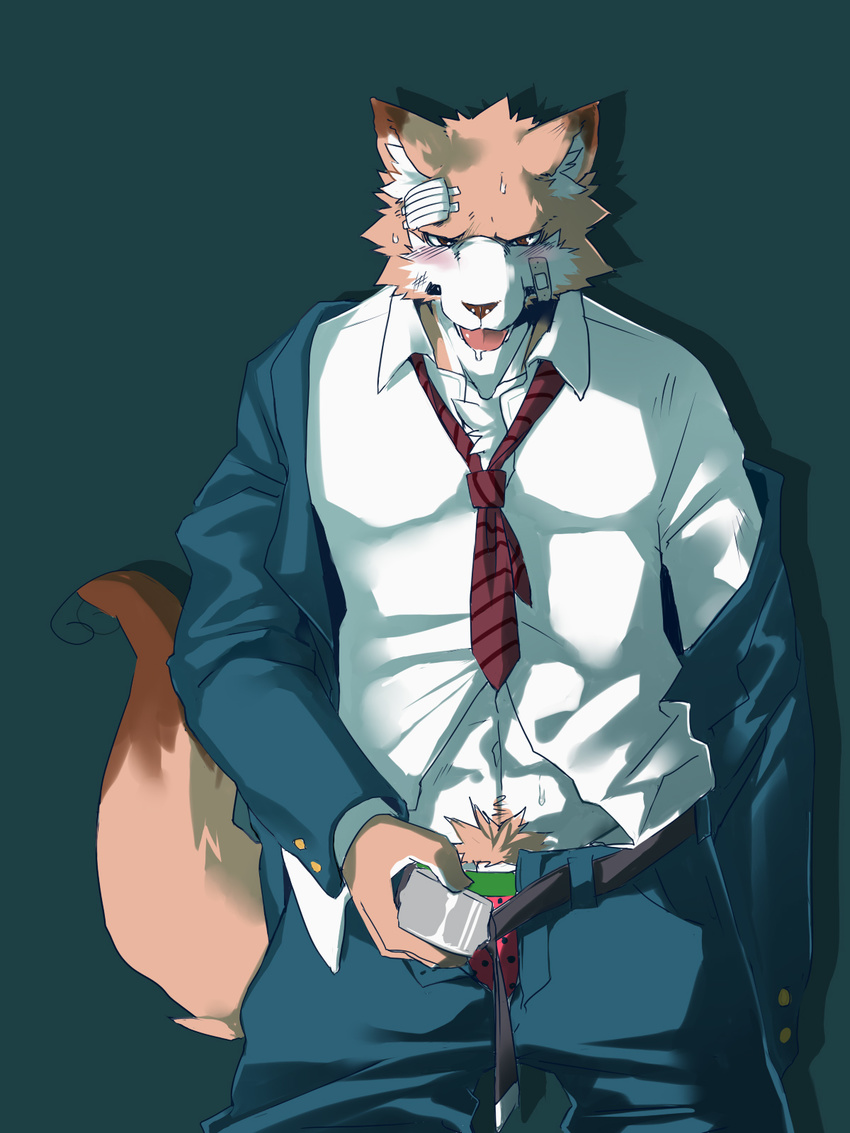 bandage blush canine drool fox kenn male muscles pubic_tuft saliva solo suit sweat tie undressing