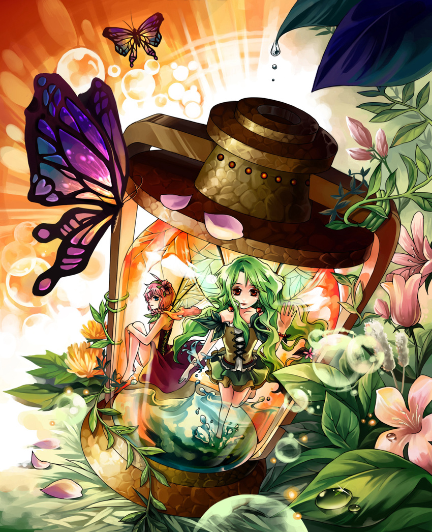 bad_id bad_pixiv_id bug butterfly butterfly_wings fairy fantasy flower green_eyes green_hair hair_flower hair_ornament highres insect jeya lamp leg_hug light long_hair minigirl multiple_girls original petals pink_hair red_eyes short_hair wings