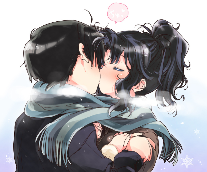 1girl alternate_hairstyle amagami bad_id bad_pixiv_id black_hair blush closed_eyes coat couple hetero kasuga_souichi kiss messy_hair ponytail scarf shared_scarf short_hair tachibana_jun'ichi tanamachi_kaoru