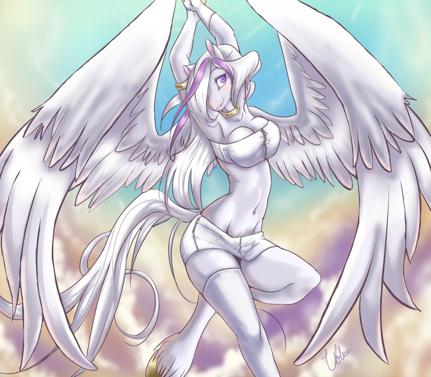 clothing cloud clouds equine female fur hooves mammal pegasus pink_eyes raised_arm skimpy solo unicornblue white white_feathers white_fur wings