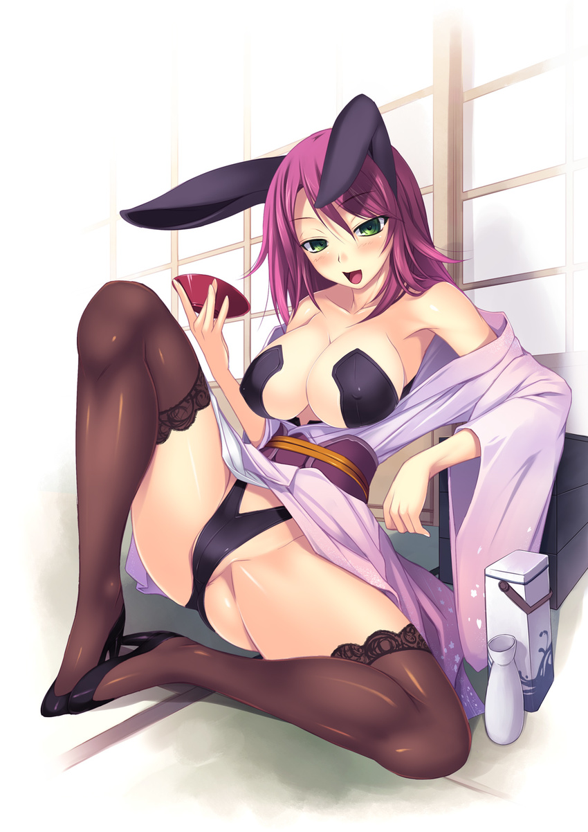 2011 alcohol amei_sumeru animal_ears black_legwear blush breasts bunny_ears bunny_girl cleavage covered_nipples green_eyes high_heels highres huge_breasts long_hair open_mouth original purple_hair sake shoes smile solo spread_legs thighhighs