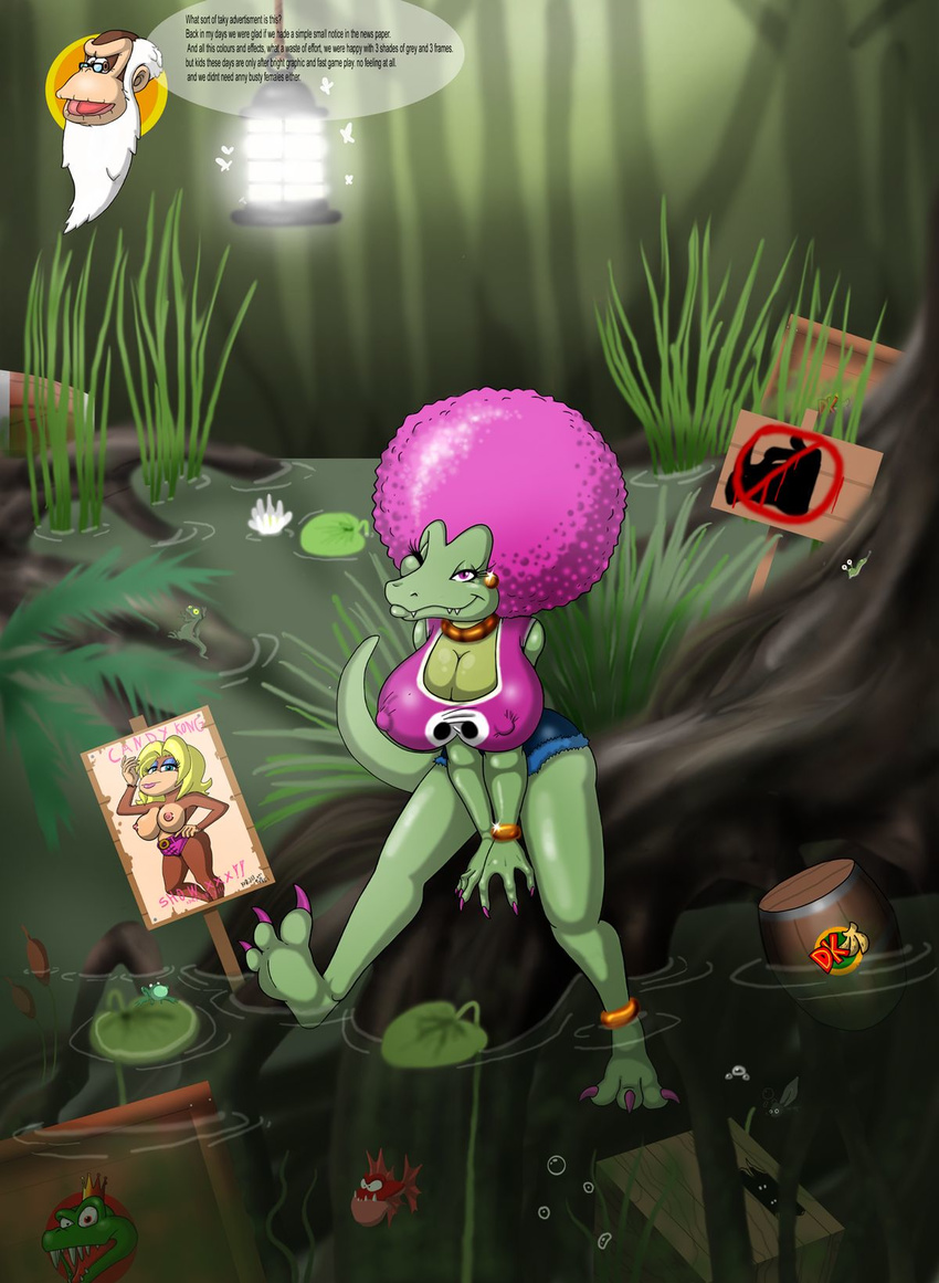 afro boxes candy_kong donkey_kong_(series) fishes kalypso lordstevie monkey pink_hair scalie sign solo swamp