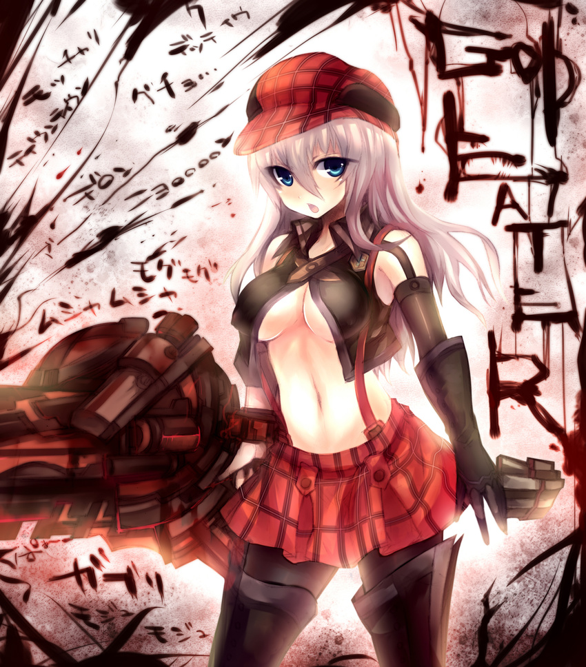 alisa_ilinichina_amiella blue_eyes boots breasts cabbie_hat elbow_gloves gloves god_eater god_eater_burst grey_hair hat highres long_hair mamuru medium_breasts navel open_mouth pantyhose plaid skirt solo suspender_skirt suspenders thigh_boots thighhighs underboob weapon