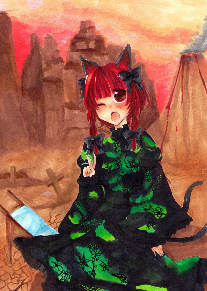 animal_ears braid cart cat_ears cat_tail dress highres kadacho kaenbyou_rin red_hair solo tail tombstone touhou twintails volcano