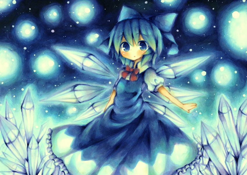 bad_id bad_pixiv_id blue blue_eyes blue_hair cirno highres ice marker_(medium) short_hair snow solo touhou traditional_media wings wiriam07