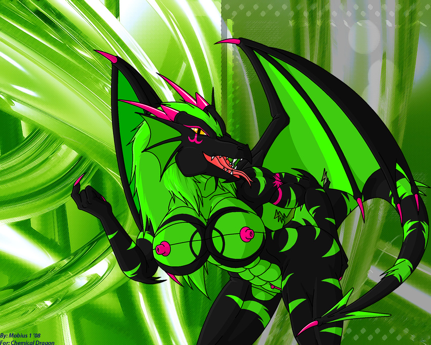 2008 big_breasts black breasts chemicaldragon dragon female green green_background horns looking_at_viewer mobius1 nipples pussy scalie solo tongue wings yellow_eyes