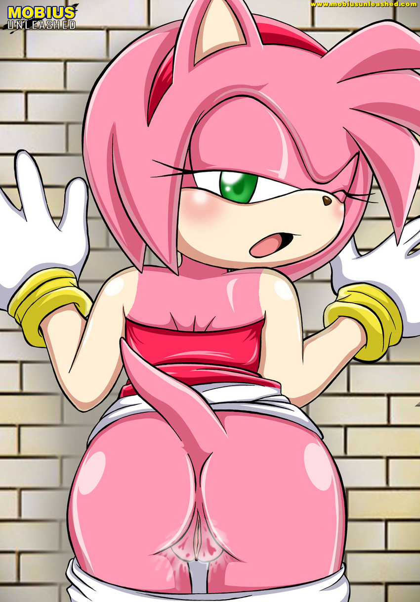 amy_rose cum female from_behind gloves hedgehog looking_at_viewer mobian mobius_unleashed nude pink pussy sega solo sonic_(series) wall