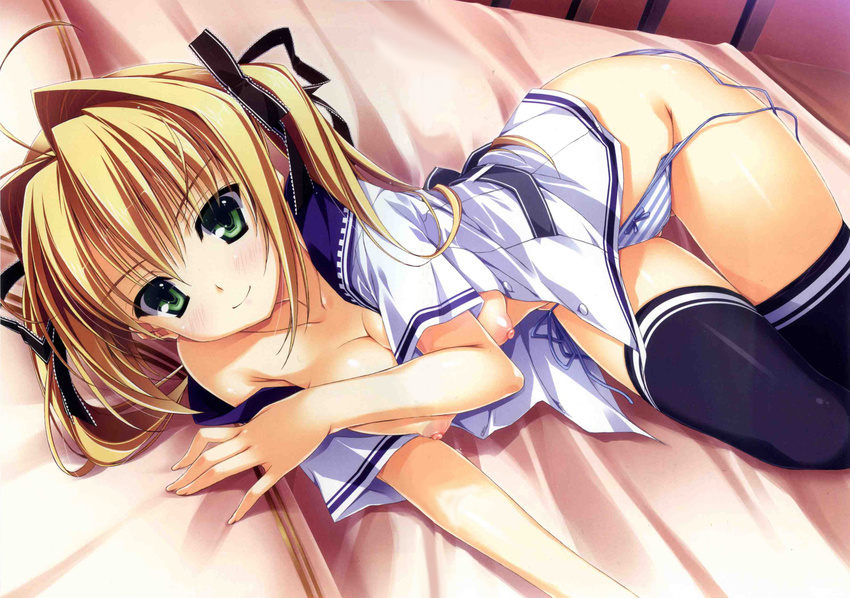absurdres blonde_hair bottomless breasts cleavage green_eyes hair_intakes highres jpeg_artifacts kamiyama_reika kourin_no_machi_lavender_no_shoujo large_breasts lying nipples no_bra open_clothes open_shirt panties ribbon school_uniform shirt side-tie_panties smile solo source_request striped striped_panties thighhighs third-party_edit twintails underwear untied yuuki_hagure