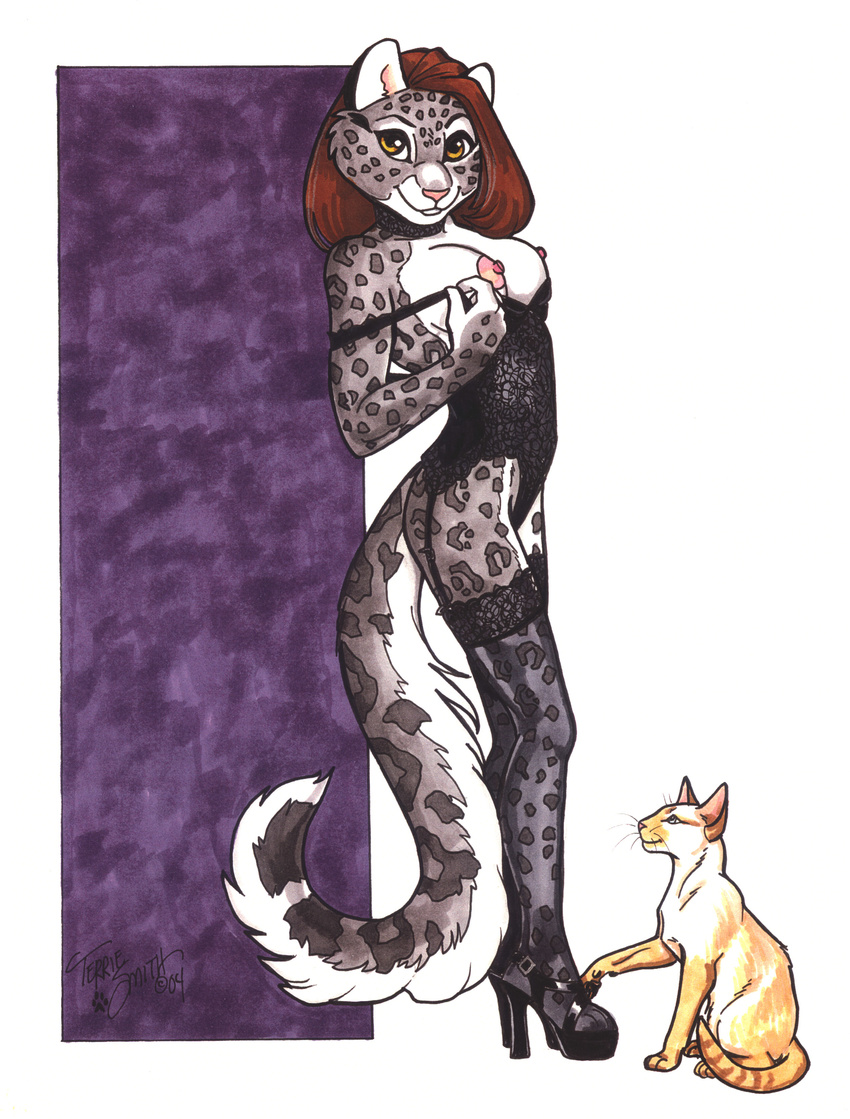 2004 absurd_res breasts cat feline female furries_with_pets hi_res high_heels lingerie pet snow_leopard stockings suspenders terrie_smith undressing