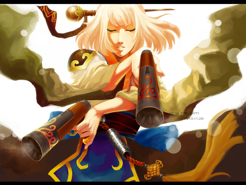 blonde_hair dfo dungeon_and_fighter dungeon_fighter_online female female_gunner female_gunner_(dungeon_and_fighter) gun gunner gunner_(dungeon_and_fighter) hair_ornament highres korean_clothes weapon