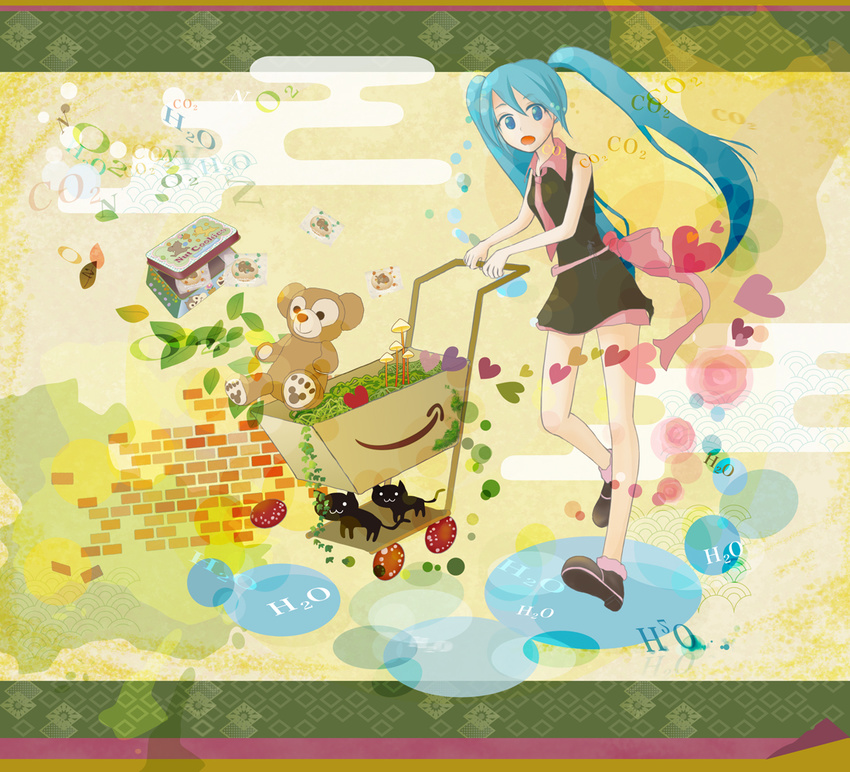 :3 amazon_(company) bad_id bad_pixiv_id blue_eyes blue_hair brick_wall cat egasumi hatsune_miku heart long_hair mushroom necktie open_mouth running_bond seigaiha shopping_cart skirt solo stuffed_animal stuffed_toy teddy_bear twintails vocaloid