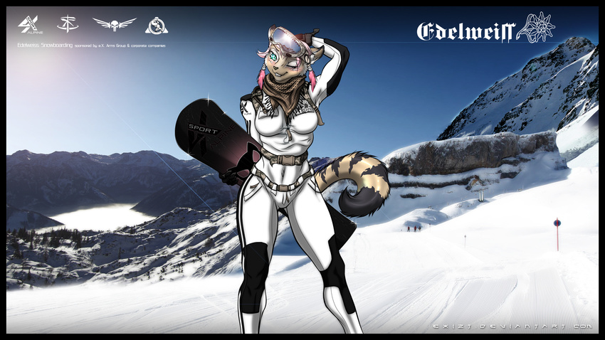 anthro buckle cat clothed clothing edelweiss exizt eyewear feline female goggles hair handkerchief mammal navel one_eye_closed photo_background pink_hair purple_hair short_hair snow snowboard solo stripes wallpaper widescreen wink winter