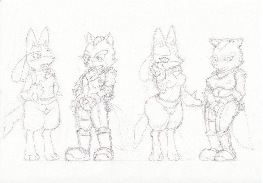 crossgender female fox_mccloud gender_transformation intersex killpanda lucario monochrome mtf nintendo penis plain_background pok&#233;mon pok&eacute;mon pussy sketch star_fox transformation video_games white_background