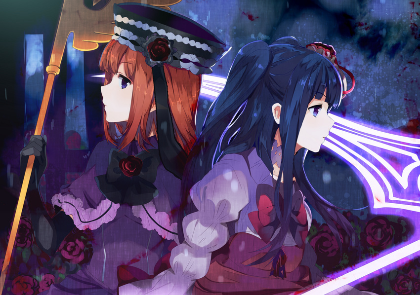 banned_artist blue_eyes blue_hair capelet eva_beatrice flower furudo_erika hair_flower hair_ornament hat multiple_girls okia red_hair scythe short_hair staff twintails umineko_no_naku_koro_ni