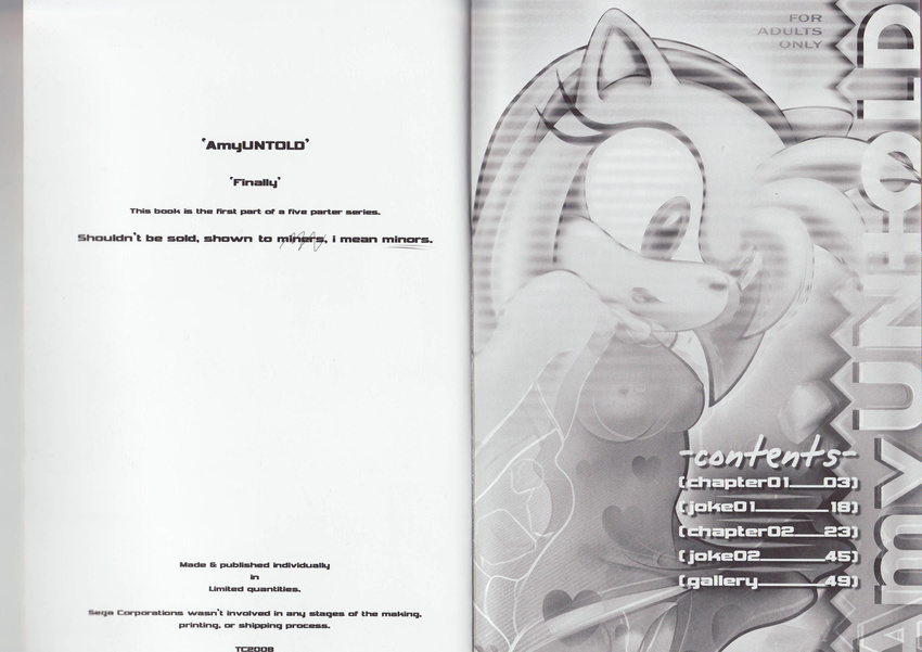 absurd_res amy_rose amy_untold breasts comic contents_page doujin female hedgehog hi_res monochrome nipples panties skirt solo sonic_(series) table_of_contents tc underwear