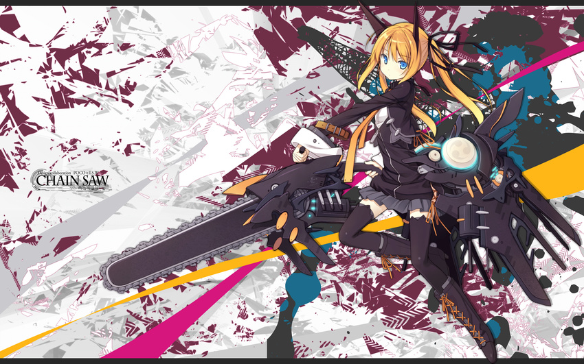 black_legwear blonde_hair blue_eyes boots chainsaw collaboration cross-laced_footwear hair_ribbon highres hiiragi_ryou lace-up_boots letterboxed original poco_(asahi_age) ribbon skirt solo thighhighs twintails wallpaper weapon