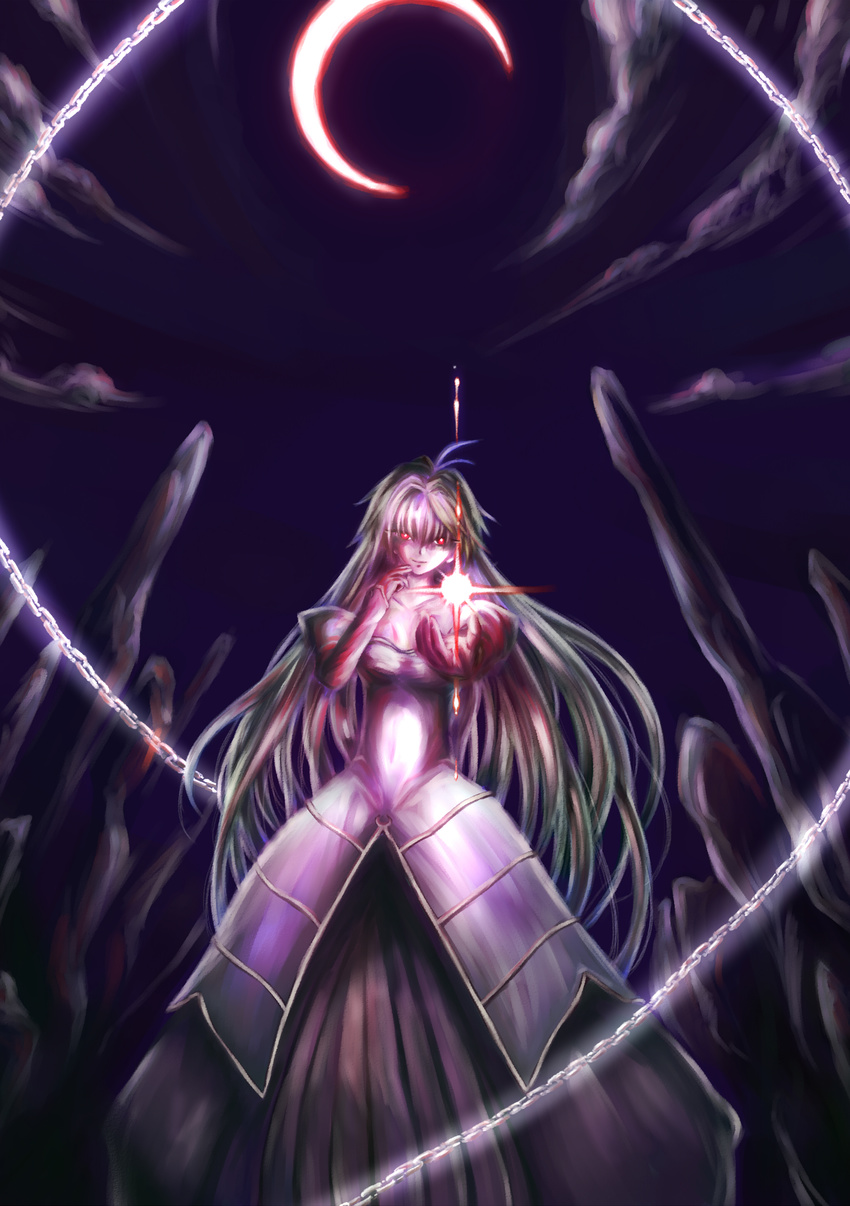 absurdres archetype_earth arcueid_brunestud blonde_hair breasts chain crescent_moon dress highres large_breasts long_hair moon red_eyes solo strapless strapless_dress tsukihime