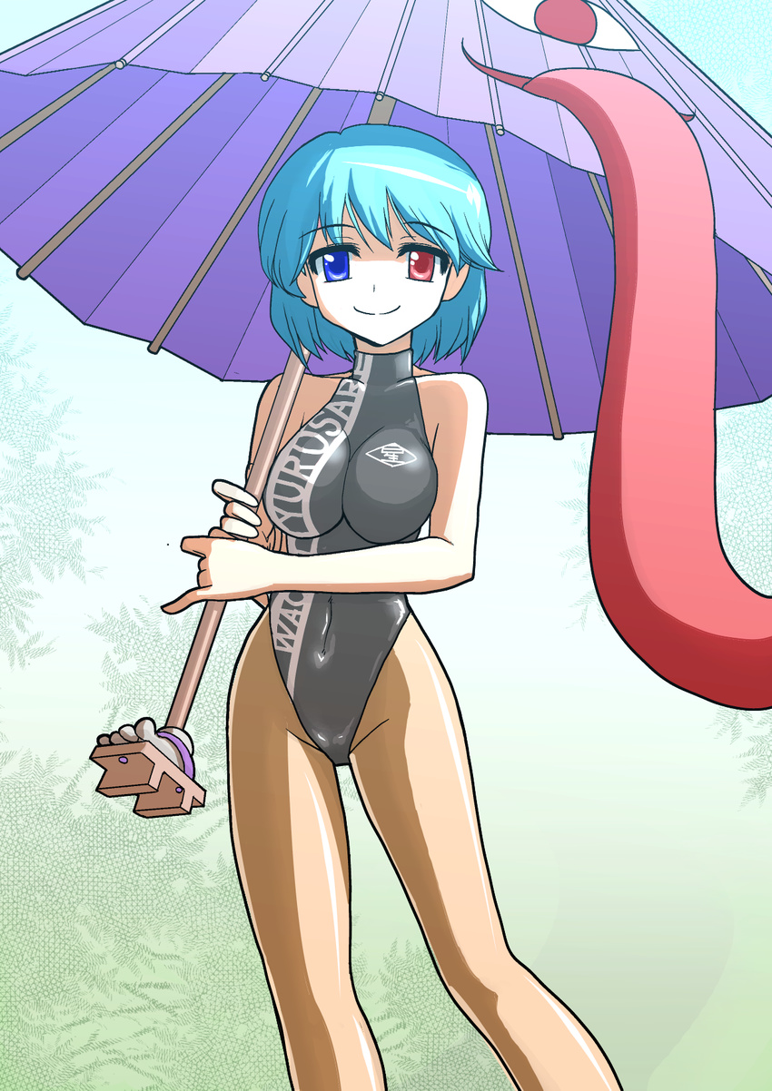 blue_eyes blue_hair geta heterochromia highres karakasa_obake leotard mono_(moiky) one-piece_swimsuit oriental_umbrella pantyhose purple_umbrella race_queen red_eyes short_hair skin_tight smile solo swimsuit tatara_kogasa tongue touhou umbrella