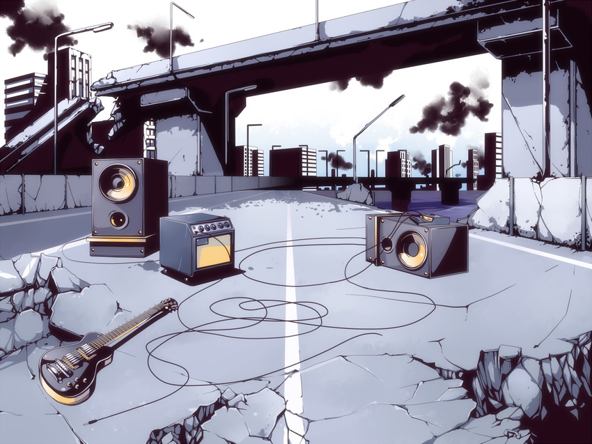 guitar instrument kibou_no_bashi_to_jiyuu_no_mahou_(vocaloid) no_humans road scenery speaker torigoe_takumi vocaloid