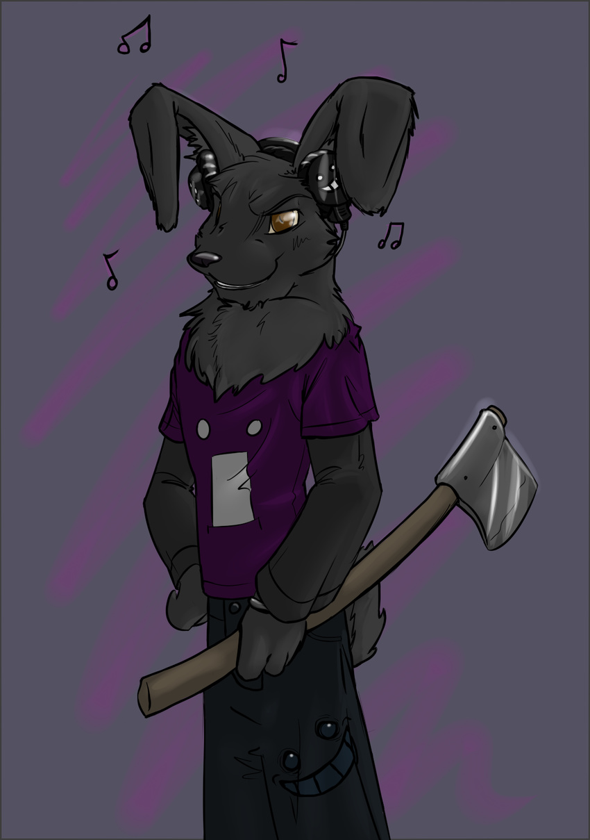 :| ? axe black_bottomwear bracelet brown_eyes clothing creepy_face creepy_faces ear_fluff ears floppy_ears fluffy fur gray_fur grey_armwear grey_fur headphones holding jewelry jjiinx lagomorph listening_to_music looking_at_viewer mammal music musical_note neck_ruff pants purple_shirt purple_topwear rabbit shirt shirt_logo solo standing syynx tail weapon white_sclera