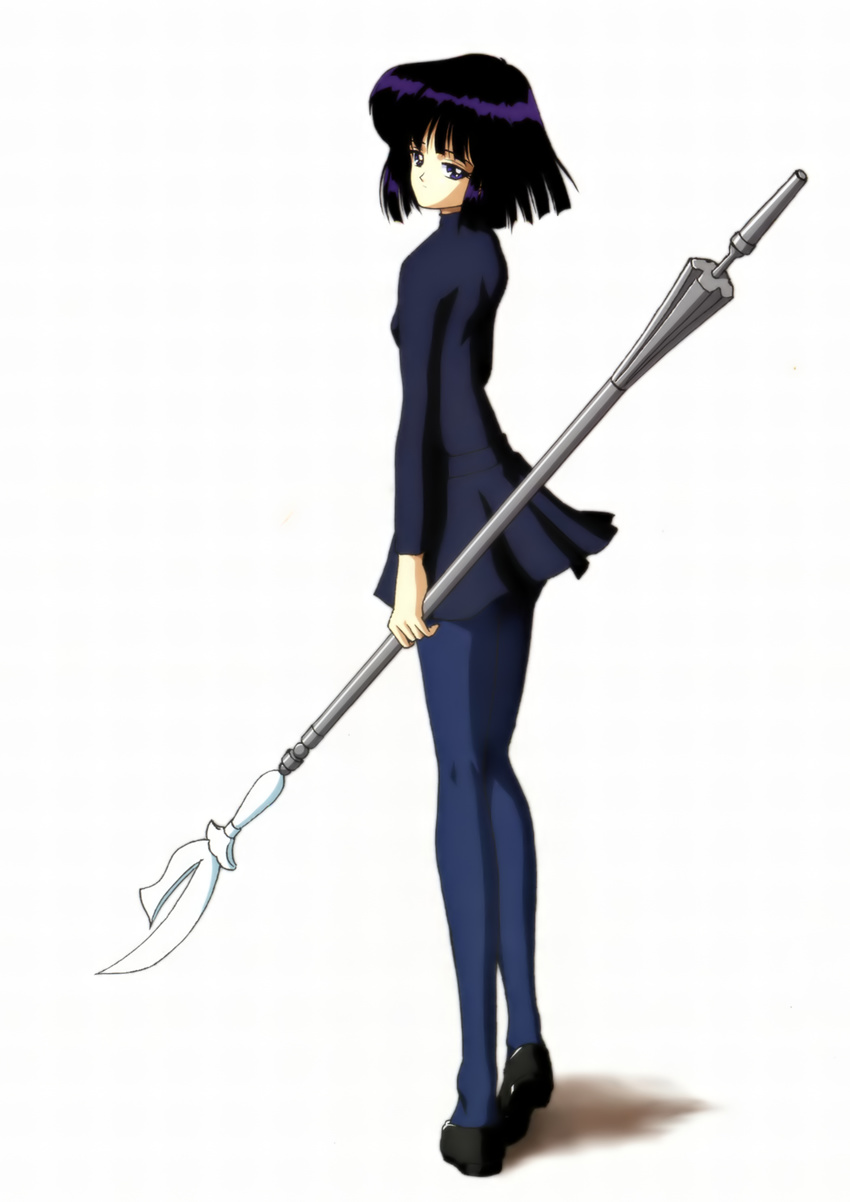 absurdres bishoujo_senshi_sailor_moon black_dress bob_cut dress glaive highres loli pantyhose polearm sad sailor_saturn tights tomoe_hotaru weapon