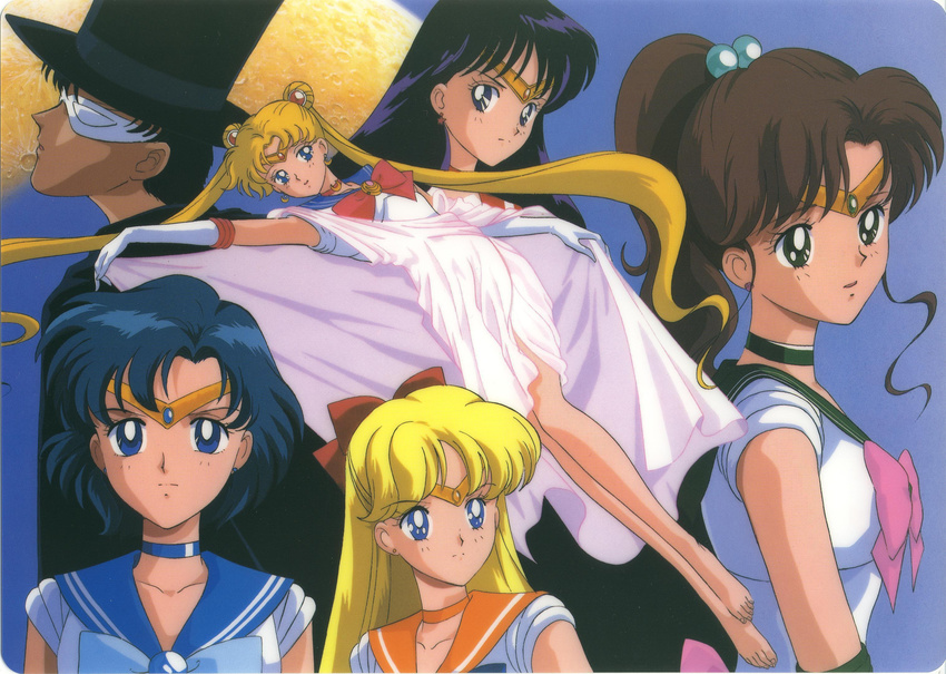 5girls 90s aino_minako barefoot bishoujo_senshi_sailor_moon blue_choker blue_sailor_collar bow brown_hair chiba_mamoru choker earrings elbow_gloves full_moon gloves green_choker green_sailor_collar half_updo hat highres hino_rei inner_senshi jewelry kino_makoto lying mask mizuno_ami moon multiple_girls official_art on_back orange_choker orange_sailor_collar pink_bow red_bow red_choker sailor_collar sailor_jupiter sailor_mars sailor_mercury sailor_moon sailor_senshi_uniform sailor_venus scan serious tadano_kazuko tiara top_hat tsukino_usagi tuxedo_kamen twintails white_gloves