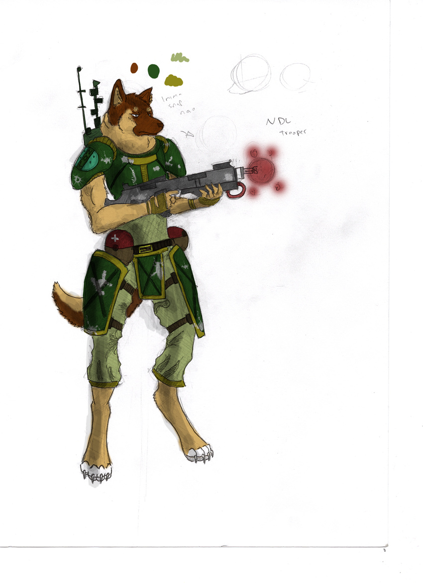 canine dog green gun hi_res male mammal paws plain_background ranged_weapon soldier solo unknown_artist weapon white_background