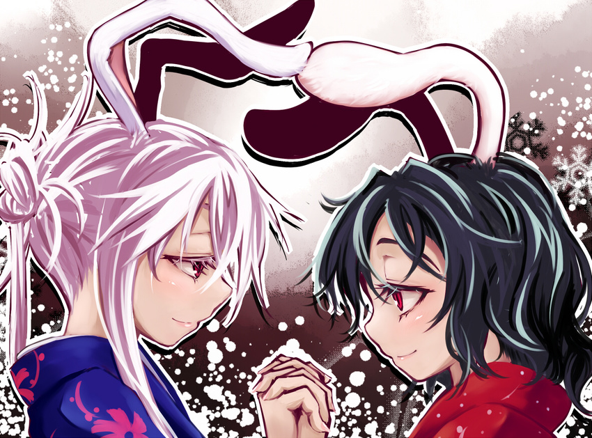 alternate_costume animal_ears aya_shachou blush brown_eyes brown_hair bunny_ears face holding_hands inaba_tewi japanese_clothes kimono long_hair multiple_girls profile red_eyes reisen_udongein_inaba smile touhou yuri