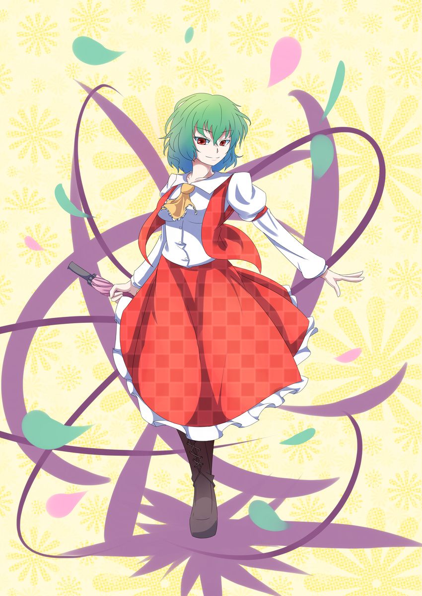 absurdres amakan! ascot breasts checkered checkered_skirt flower green_hair highres impossible_clothes impossible_shirt kazami_yuuka medium_breasts red_eyes shirt short_hair skirt solo sunflower touhou umbrella unmoving_pattern