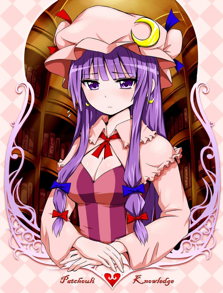 :&lt; adapted_costume blush book bookshelf bow breasts capelet character_name cleavage crescent earrings hair_bow hat highres jewelry large_breasts long_hair md5_mismatch patchouli_knowledge purple_eyes purple_hair solo striped sweatdrop touhou upper_body vertical_stripes zaxwu