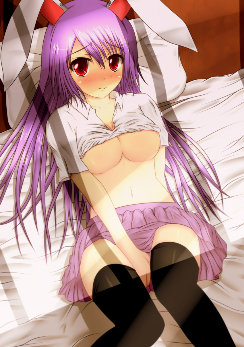 absurdres animal_ears bad_id bad_pixiv_id bed between_thighs black_legwear blush breasts bunny_ears highres large_breasts long_hair lying navel no_bra on_back pillow purple_hair red_eyes reisen_udongein_inaba shirt_lift skirt solo thighhighs toranashi touhou underboob