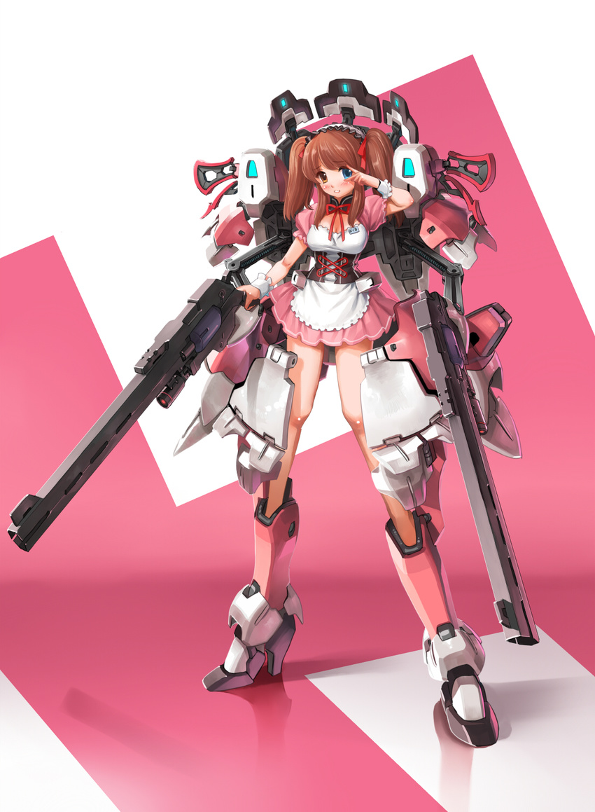 asahina_mikuru brown_eyes brown_hair flyx2 gun heterochromia highres long_hair mecha_musume mikuru_beam parted_lips power_armor shirt solo suzumiya_haruhi_no_yuuutsu taut_clothes taut_shirt twintails v v_over_eye waitress weapon