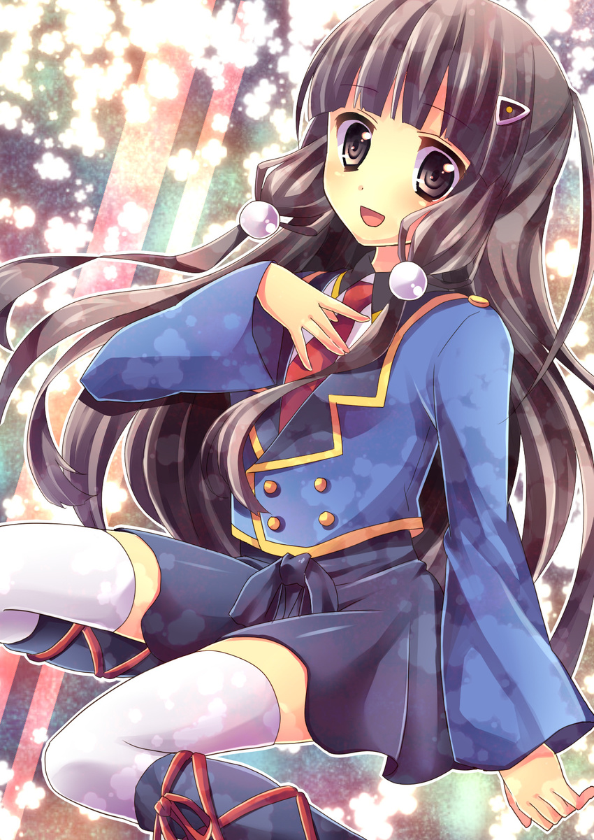 bad_id bad_pixiv_id black_hair brown_eyes hair_ornament hasegawa_hirano highres long_hair necktie riku_(melty_drop) skirt solo tantei_opera_milky_holmes thighhighs