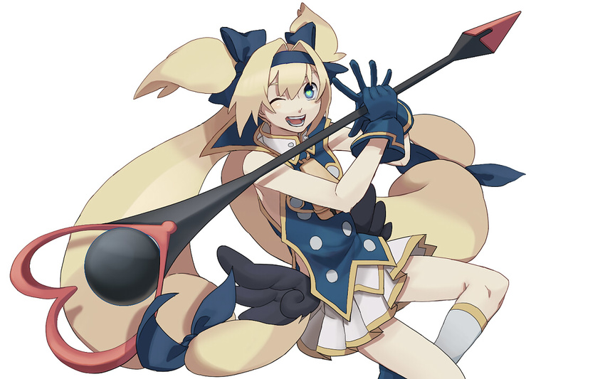 alternate_color bad_id bad_pixiv_id bell blazblue blonde_hair cow_bell gloves hair_ribbon hairband kz-kura long_hair low-tied_long_hair magical_girl muchourin one_eye_closed open_mouth platinum_the_trinity quad_tails ribbon skirt staff symbol-shaped_pupils twintails two_side_up