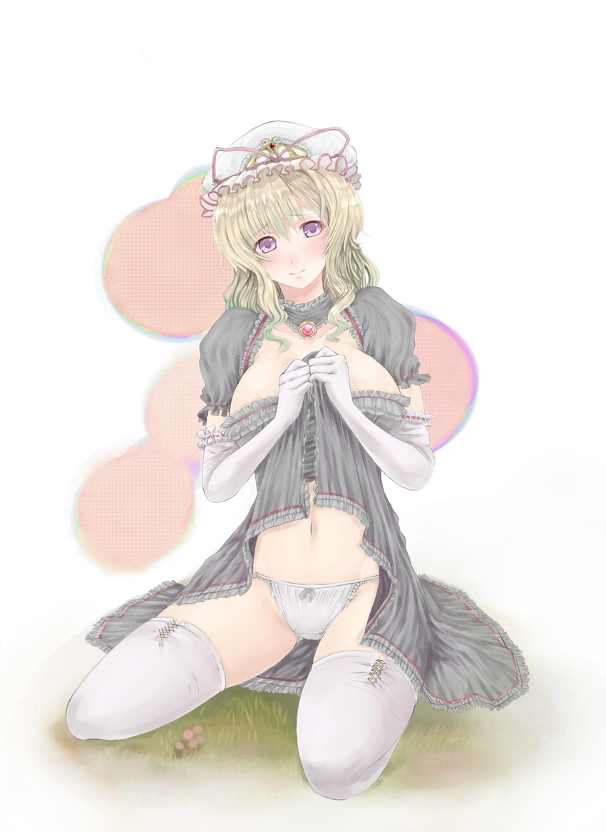 absurdres bad_id bad_pixiv_id blonde_hair blush breasts brooch dress dress_lift elbow_gloves gloves hat hat_ribbon highres jewelry large_breasts navel panties purple_eyes ribbon sitting smile solo thighhighs touhou underwear vicsen-u5 white_gloves white_legwear white_panties yakumo_yukari