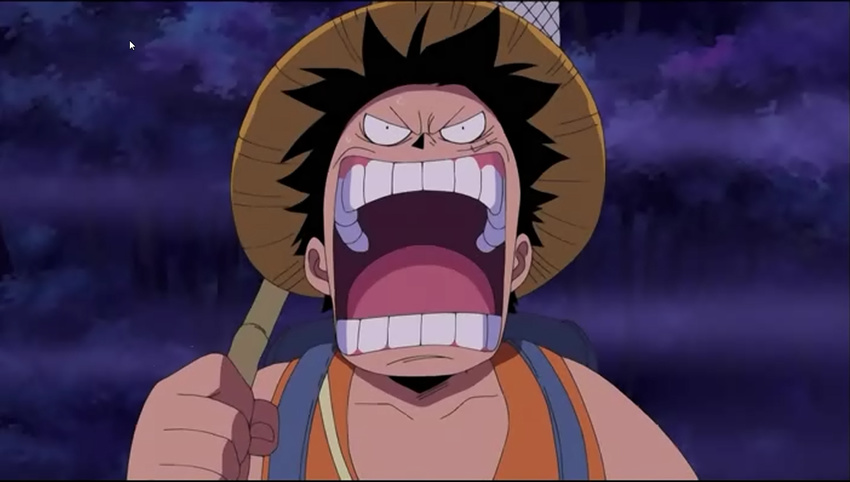 arrow backpack bag cloud clouds fog forest frown hat male male_focus monkey_d_luffy mouse nature net one_piece open_mouth orange_shirt randoseru rape_face scar screencap shirt solo straw_hat thriller_bark yell