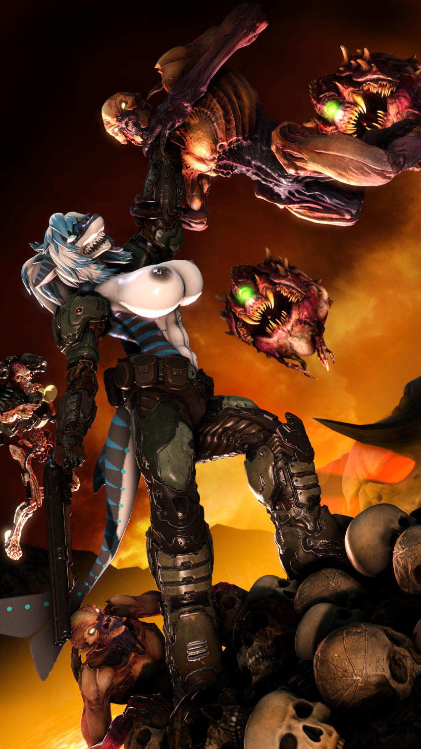 3d_(artwork) abs armor big_breasts bone breasts cacodemon clothed clothing demon digital_media_(artwork) doom doom2016 female fish gun hair hell hi_res holding_object holding_weapon imp marine muetank muscular nika_sharkeh nipples open_mouth ranged_weapon revenant shark shotgun skeleton skull source_filmmaker teeth topless undead video_games weapon