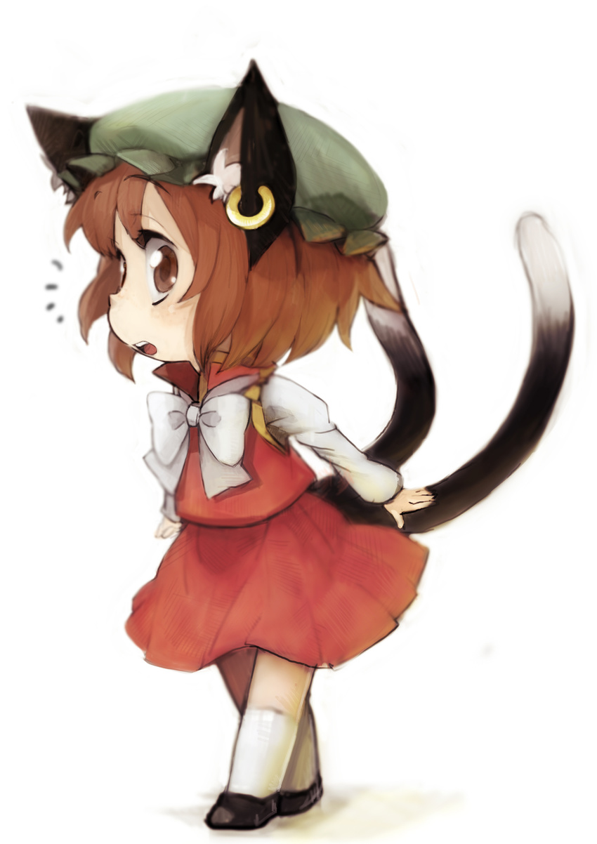 absurdres animal_ears bad_id bad_pixiv_id brown_eyes brown_hair cat_ears cat_tail chen earrings hat highres jewelry mitsuki_(goomoku) multiple_tails short_hair solo tail touhou