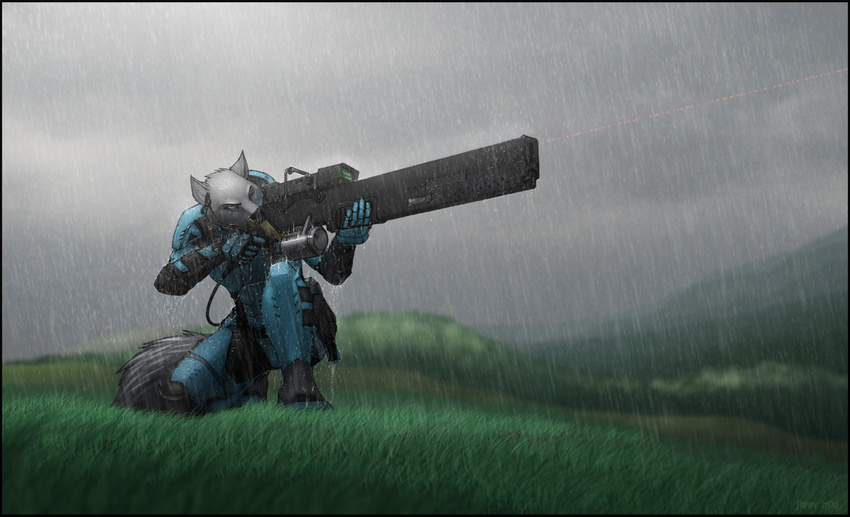 armor canine female grass_field gun hill laser outside railgun rain sniper solo strype weapon wet wolf