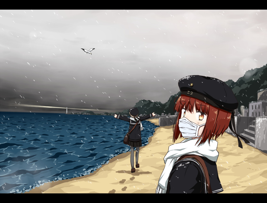 2girls alternate_costume any_(lucky_denver_mint) auburn_hair beach bird black_serafuku black_shirt black_skirt brown_eyes brown_footwear character_name clothes_writing cloud cloudy_sky eyebrows_visible_through_hair from_behind grey_legwear hat kantai_collection lighthouse loafers long_sleeves looking_at_viewer mask multiple_girls outstretched_arms pantyhose pleated_skirt sailor_collar sailor_hat scarf school_uniform seagull serafuku shirt shoes silver_hair skirt sky snow snowing walking white_scarf winter z1_leberecht_maass_(kantai_collection) z3_max_schultz_(kantai_collection)