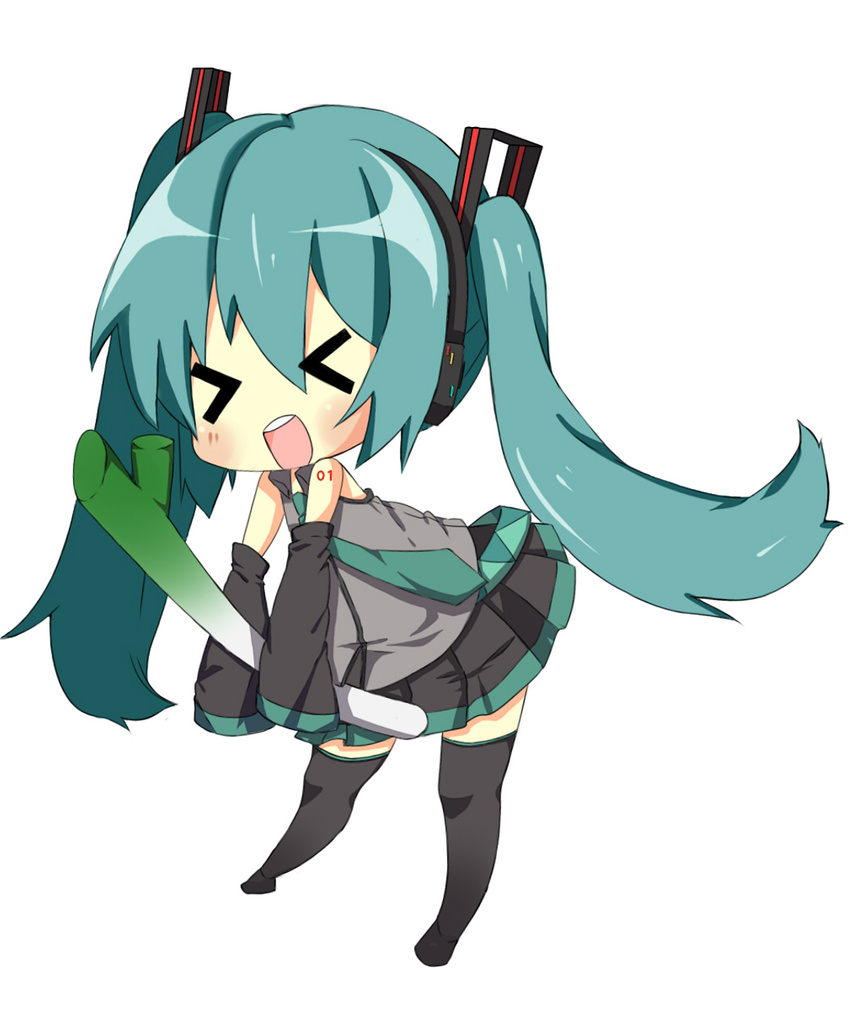 &gt;_&lt; aqua_hair chibi closed_eyes detached_sleeves hatsune_miku highres long_hair necktie nobuyuki_(mikitantan) simple_background skirt solo spring_onion thighhighs twintails very_long_hair vocaloid