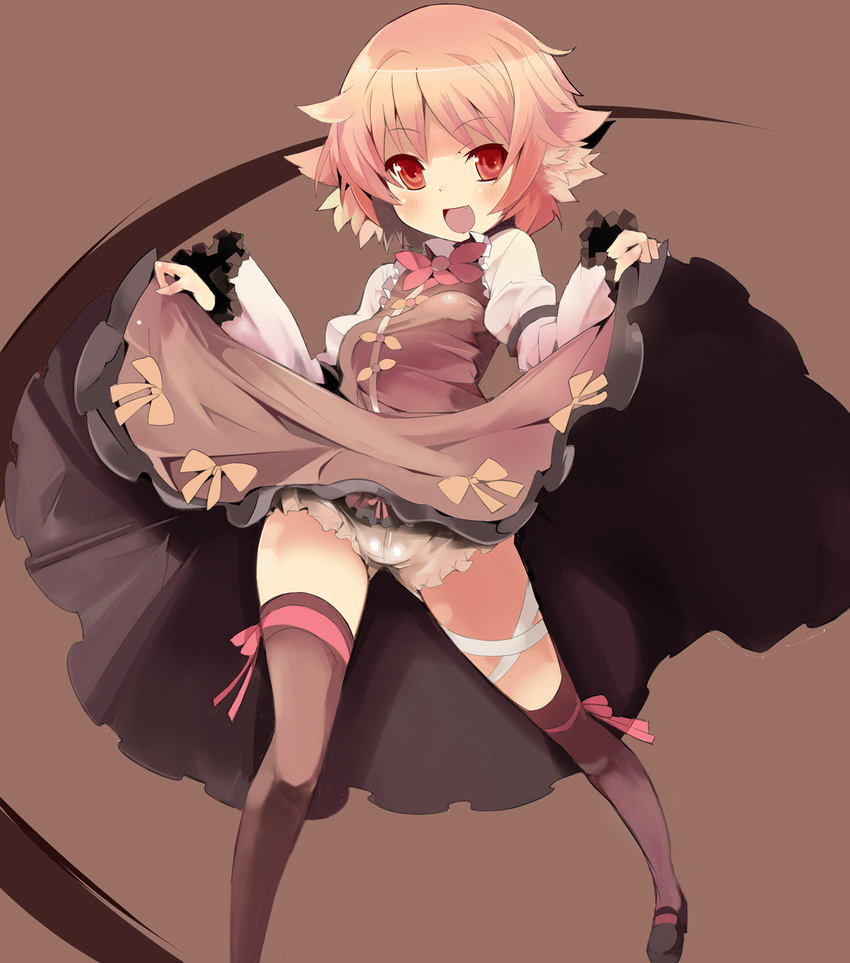 animal_ears blush brown_legwear cameltoe dress dress_lift fang frilled_panties frills highres hiruma_andon mystia_lorelei no_hat no_headwear no_wings open_mouth panties pink_hair red_eyes ribbon short_hair simple_background smile solo thigh_ribbon thighhighs touhou underwear white_panties