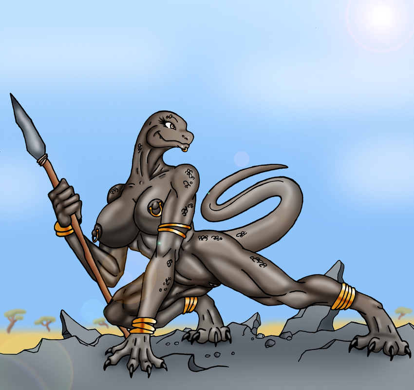 big_breasts breasts desert dinosaur female jewelry lordstevie mountain nude polearm primative pussy reptile scalie solo spear tail tribal